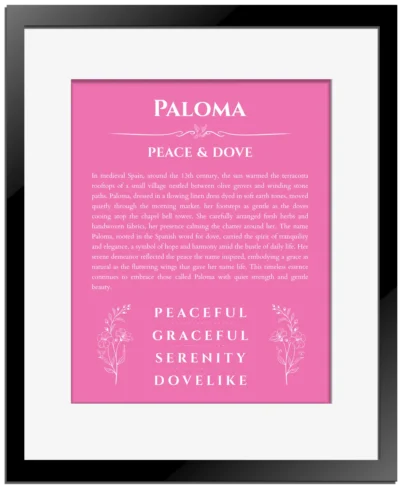 Paloma personalized name art with origin story in pink with black matte frame