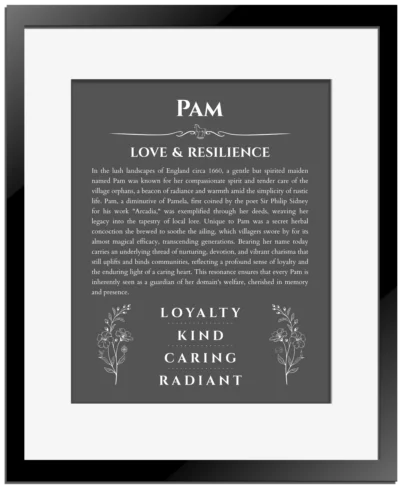 Pam custom name print for wall display in gray with black matte frame