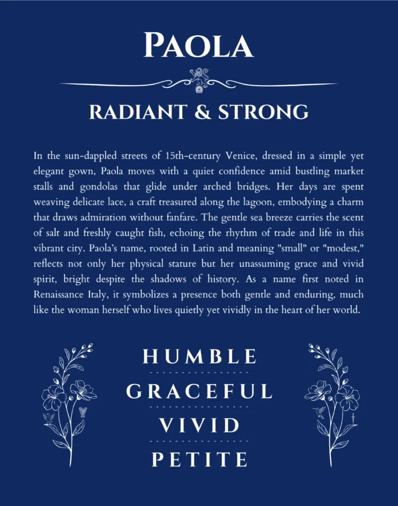 Paola name origin print with meaning and traits in deep blue