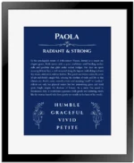 Paola name origin print with meaning and traits in deep blue with black matte frame