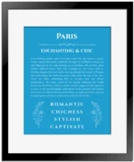 Paris personalized wall art with the story of your name in blue with black matte frame