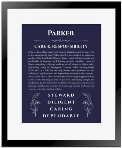 Parker personalized name print with origin and traits in navy blue with black matte frame