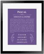 Pascal personalized wall art with the story of your name in purple with black matte frame