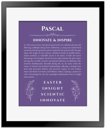 Pascal personalized wall art with the story of your name in purple with black matte frame