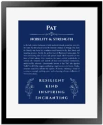 Pat name meaning gift print in deep blue with black matte frame
