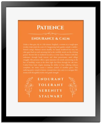 Patience name meaning gift print in orange with black matte frame