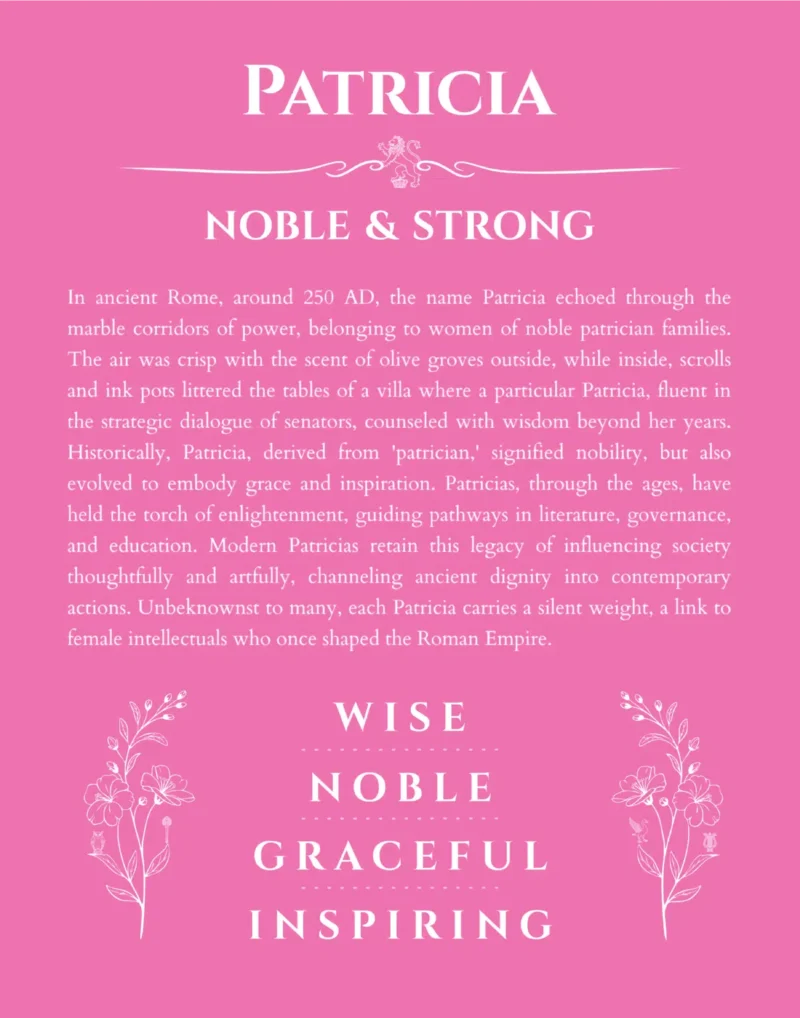Patricia name origin print with meaning and traits in pink