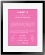 Patricia name origin print with meaning and traits in pink with black matte frame