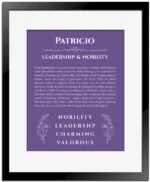 Patricio personalized name meaning print in purple with black matte frame