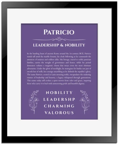 Patricio personalized name meaning print in purple with black matte frame