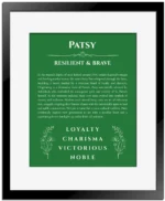Patsy custom name meaning print in dark green with black matte frame