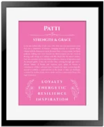 Patti name origin print with meaning and traits in pink with black matte frame