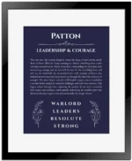 Patton name origin print with meaning and traits in navy blue with black matte frame