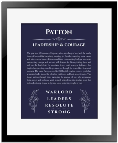 Patton name origin print with meaning and traits in navy blue with black matte frame
