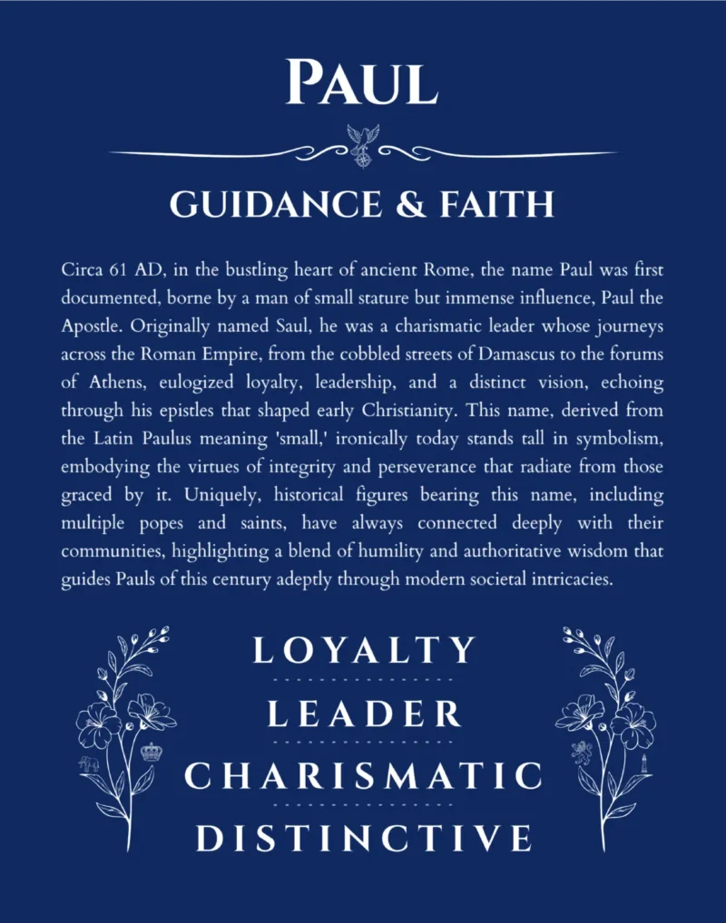 Paul name origin print with meaning and traits in deep blue