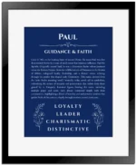 Paul name origin print with meaning and traits in deep blue with black matte frame
