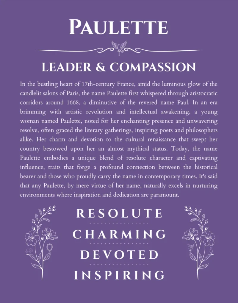 Paulette name origin print with meaning and traits in purple
