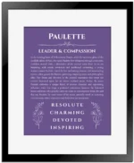 Paulette name origin print with meaning and traits in purple with black matte frame