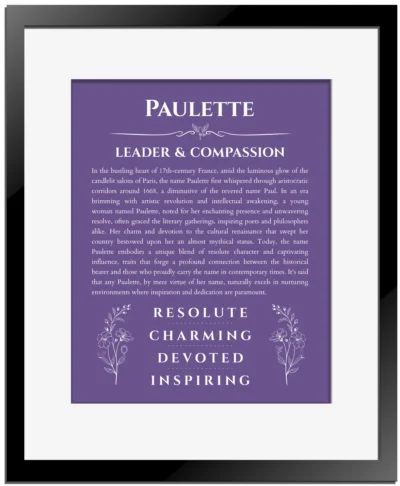 Paulette name origin print with meaning and traits in purple with black matte frame