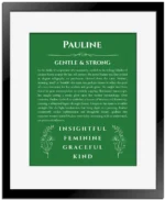 Pauline name meaning wall art by Get Your Story in dark green with black matte frame