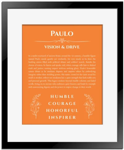 Paulo custom name meaning print in orange with black matte frame