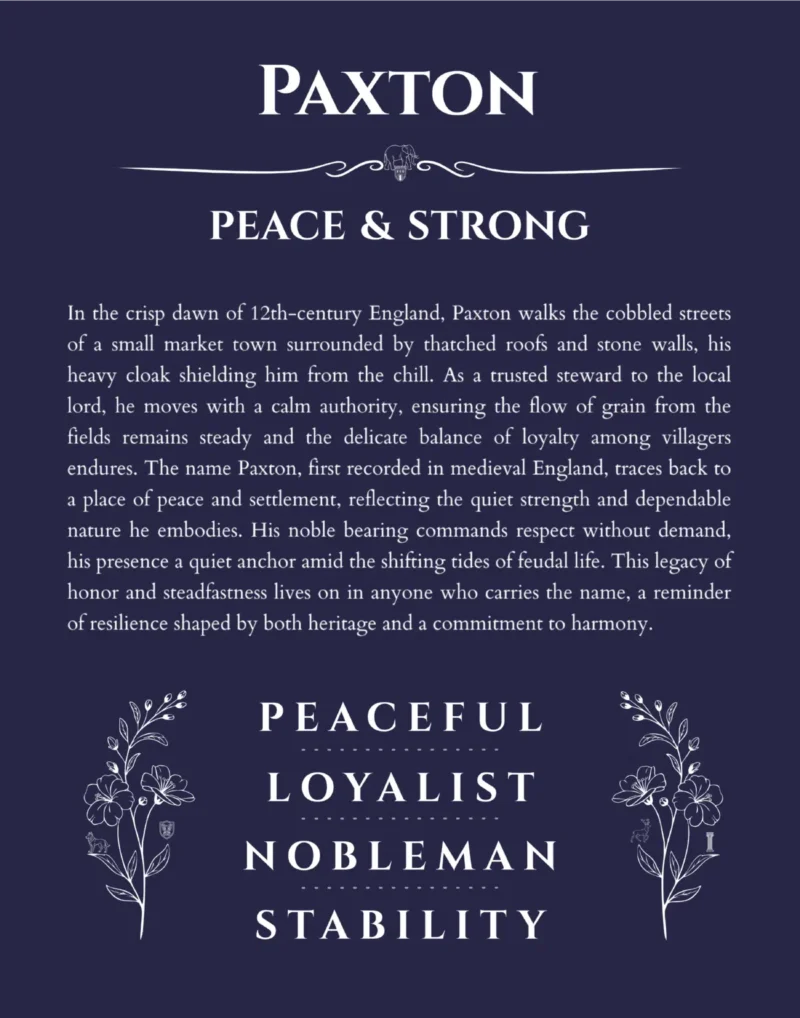 Paxton personalized name print with origin and traits in navy blue