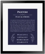 Paxton personalized name print with origin and traits in navy blue with black matte frame
