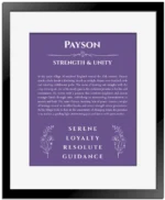Payson personalized name meaning print in purple with black matte frame