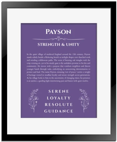 Payson personalized name meaning print in purple with black matte frame