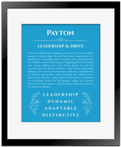 Payton personalized wall art with the story of your name in blue with black matte frame