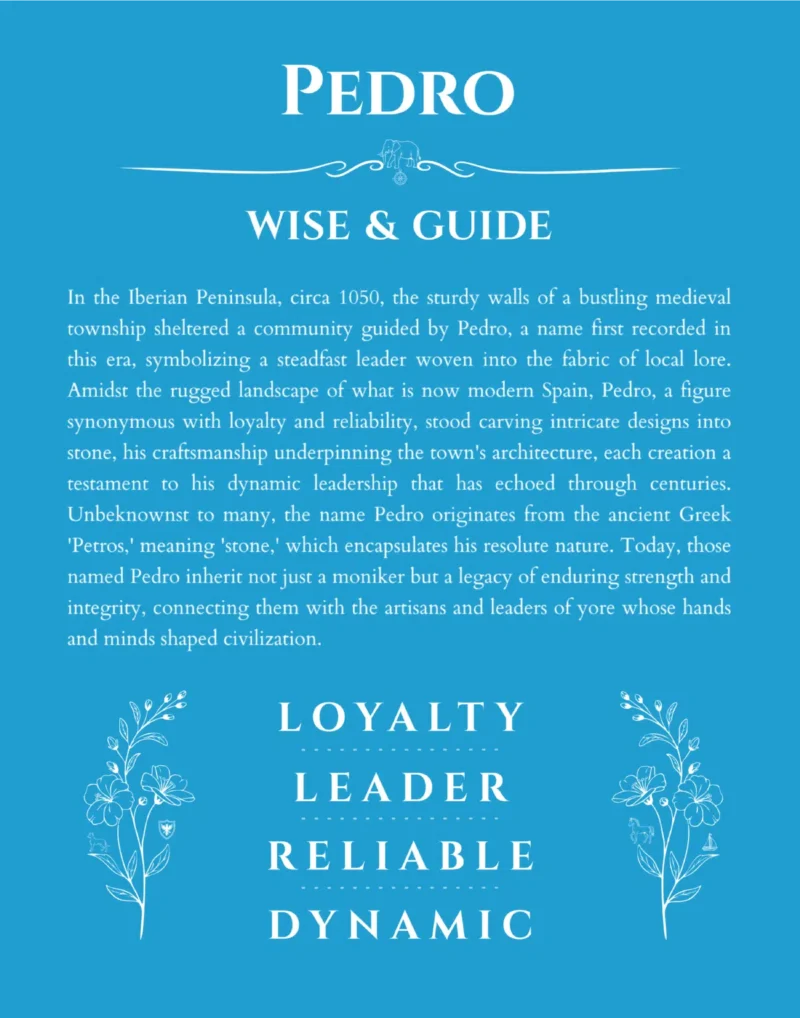 Pedro custom name art showing meaning and origin in blue