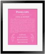Penelope personalized wall art with the story of your name in pink with black matte frame