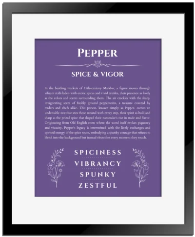 Pepper custom name meaning print in purple with black matte frame
