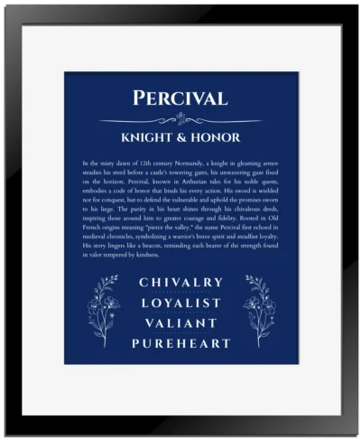 Percival custom name print for wall display in deep blue with black matte frame