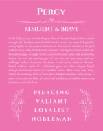 Percy personalized name print with origin and traits in pink