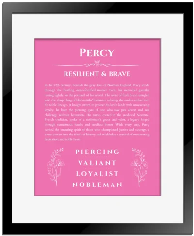 Percy personalized name print with origin and traits in pink with black matte frame