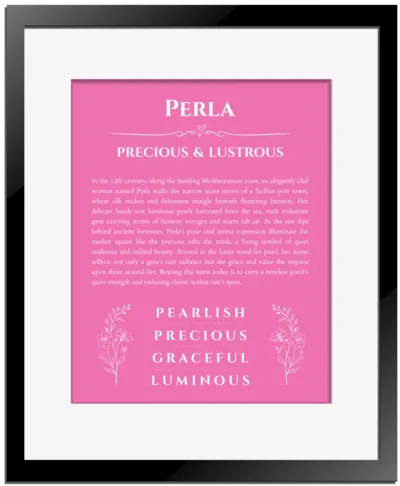 Perla name meaning gift print in pink with black matte frame