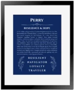 Perry custom name art showing meaning and origin in deep blue with black matte frame