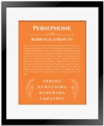 Persephone custom name print for wall display in orange with black matte frame