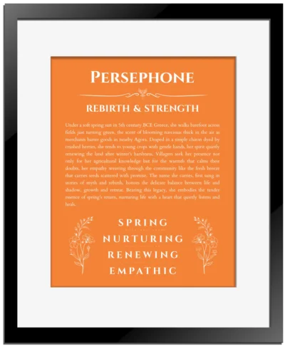Persephone custom name print for wall display in orange with black matte frame