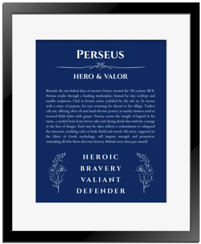 Perseus personalized wall art with the story of your name in deep blue with black matte frame
