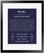 Petra name meaning gift print in navy blue with black matte frame