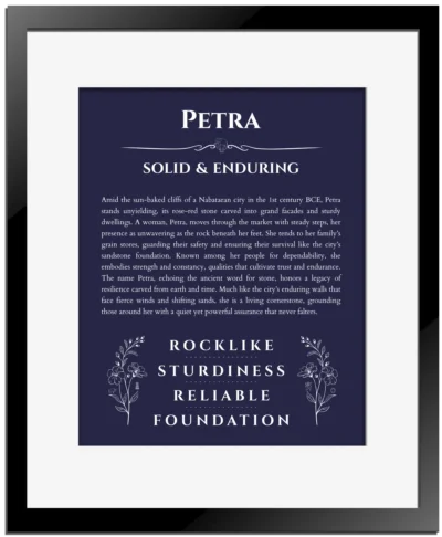 Petra name meaning gift print in navy blue with black matte frame