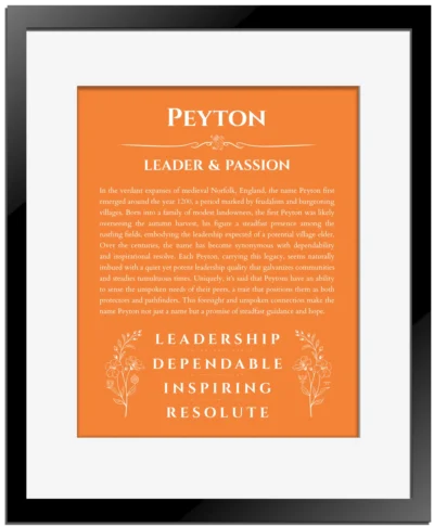 Peyton custom name print for wall display in orange with black matte frame