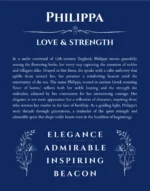 Philippa personalized name art with origin story in deep blue