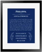 Philippa personalized name art with origin story in deep blue with black matte frame