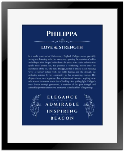 Philippa personalized name art with origin story in deep blue with black matte frame