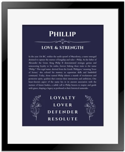Phillip name meaning wall art by Get Your Story in navy blue with black matte frame