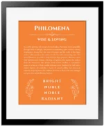 Philomena personalized name print with origin and traits in orange with black matte frame