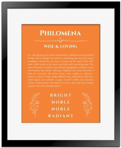 Philomena personalized name print with origin and traits in orange with black matte frame